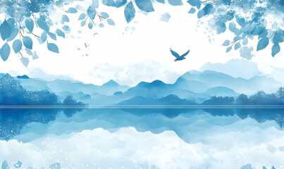 Sticker - Blue mountain lake, bird flying, leaves frame, serene scene, wall art