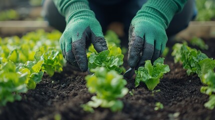 Wall Mural - Hands planting lettuce, organic gardening, fresh produce, healthy growth, farm work, ideal for agriculture, food and lifestyle themes.