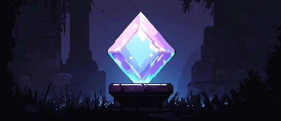 Wall Mural - Glowing crystal on dark pedestal in ruins.