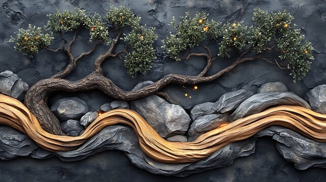 Serene Sculpture: A mesmerizing 3D rendering of a twisted tree sculpture with golden branches emerging from a rock formation, evocative of nature's resilience and intricate beauty. 