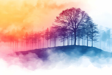 Sticker - Colorful misty forest tree hilltop sunrise art