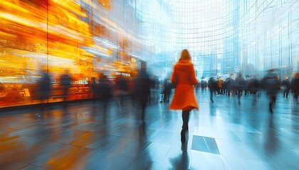 Aufkleber - Urban Motion and Energy Capture in an Abstract Cityscape with a Woman in an Orange Coat Surrounded by Blurred Figures and Vibrant Light Trails
