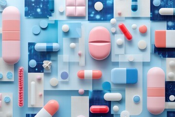 Poster - Creative graphic layout showcasing colorful pharmaceuticals and healthcare products