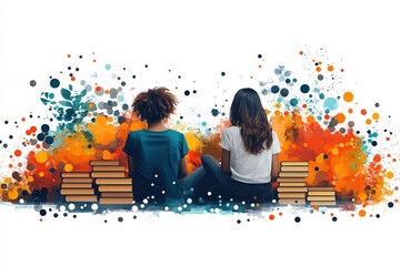 Poster - Creative graphic layout for online advertising featuring two individuals and colorful backgrounds