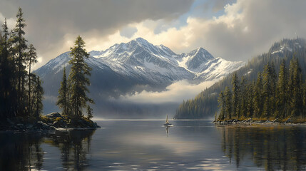 Sticker - Calm lake, sailboat, mountains, clouds, forest, serene