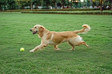 Wall Mural - a golden retriever joyfully runs across a grassy field at sunset, chasing a tennis ball with boundle