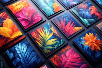 Wall Mural - Vibrant graphic layouts featuring tropical foliage in a dynamic arrangement