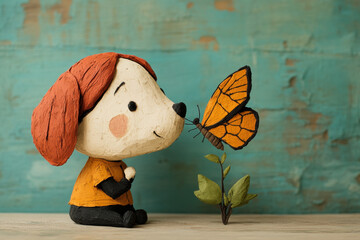 Poster - Claymation dog, A claymation dog curiously sniffs at a butterfly, showcasing playful animation and vibrant imagery in a high-fidelity format.