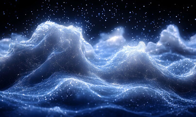 Poster - Glowing waves, digital landscape, night, particles, abstract background