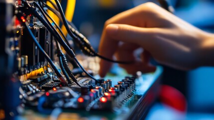 Canvas Print - A close-up of a hand adjusting wires and controls on a circuit board, highlighting technology and electronic components involved in circuitry.