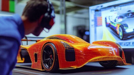 Canvas Print - A designer examines a vibrant, digitally rendered car model in a studio, showcasing advanced automotive design and technology.