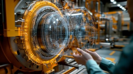 Wall Mural - A technician manipulates a holographic interface in a high-tech industrial setting, showcasing advanced technology and innovation.