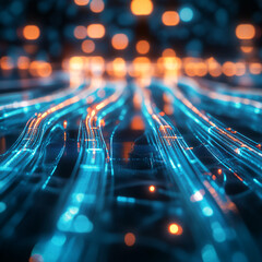 Poster - Abstract digital glowing flowing lines with blue and orange lights in a futuristic technology concept