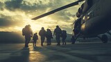 A team of soldiers boarding a military helicopter in a remote location.