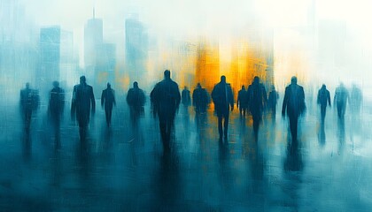 Poster - Silhouettes of Diverse Individuals Walking Through a Foggy Urban Landscape at Dusk, Capturing the Essence of Modern City Life and Human Connection