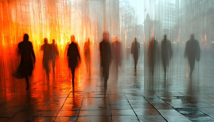 Poster - Abstract Scene of Silhouetted Figures in Motion Behind a Colorful Curtain of Light with Reflections on a Wet Pavement During a Rainy Evening