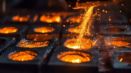 Wall Mural - close-up of molten metal being poured into molds with sparks and glowing textures, creating a dynami