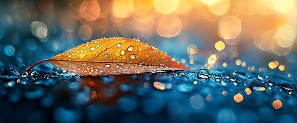 Aufkleber - Autumn leaf with water droplets on a dark blue surface, bokeh background.