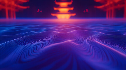 Poster - Neon waves, temple backdrop, digital art, game design