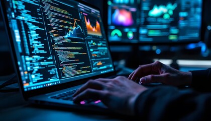 Software Developer Coding at Night on Laptop