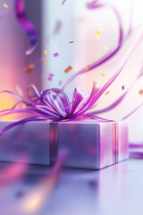 Sticker - A beautifully wrapped gift with purple ribbons and confetti. Celebration vibes!