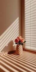 Poster - Sunlit roses in vase on windowsill.