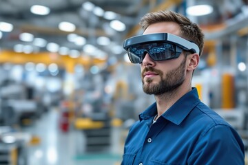 Poster - Man wearing augmented reality glasses in a high-tech industrial setting.