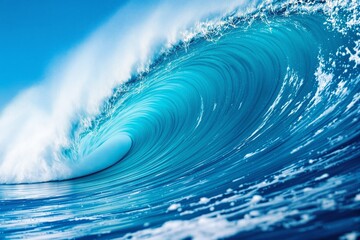Aufkleber - Stunning wave with vibrant blue hues and splashes of white foam in focus, set against a clear blue sky background. Ai generative.