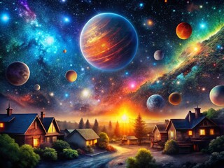 Wall Mural - low light space neighborhood: stars, planets, and nebulae glow in the dark