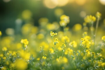 Aufkleber - Yellow wildflowers in a meadow with soft bokeh light background.