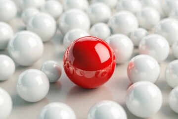 Poster - Red sphere among white spheres on light background, abstract concept of uniqueness and individuality.