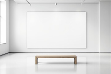 Wall Mural - Blank white frame in a minimalistic gallery room with a wooden bench placed below.