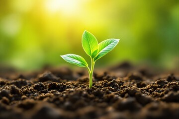 Poster - Close-up of a young green seedling sprouting from fertile soil under sunlight on a blurred background.
