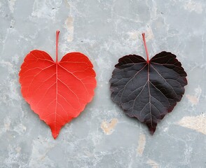 Canvas Print - Two heart-shaped leaves, one red, one dark purple, on a grey stone background.