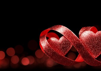 Canvas Print - Two red glitter hearts intertwined with a ribbon against a dark background with bokeh lights.