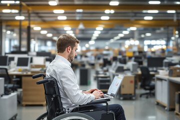 Aufkleber - A man using a laptop in a wheelchair in a warehouse environment.