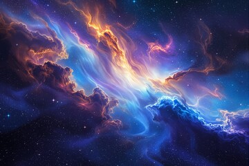 Poster - Stunning cosmic nebula with vibrant light streaks and swirling clouds in shades of blue, orange, and purple in a starry space background.