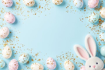 Poster - Easter-themed layout with pastel eggs and bunny ears on a blue background.