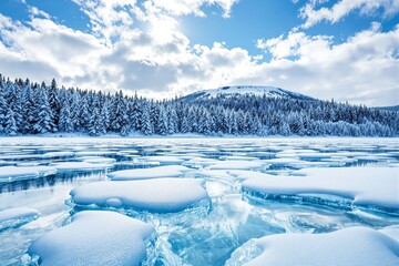 Poster - Stunning snowy forest and frozen lake under a bright blue sky.