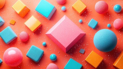 Poster - Vibrant geometric shapes on colorful background with textured spheres and cubes