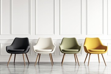Aufkleber - Four modern chairs in different colors against a white paneled wall.