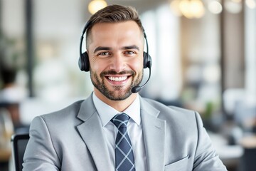 Aufkleber - Smiling customer support representative wearing a headset in an office environment.