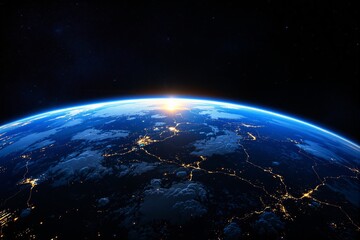 Poster - Sunrise over Earth from space with illuminated cities and glowing atmosphere.