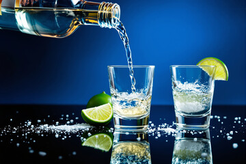Poster - Pouring clear liquid into a glass with lime and salt on a reflective surface against a blue background.