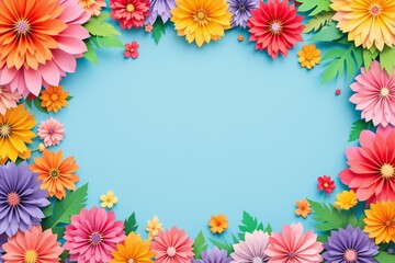 Poster - Colorful floral frame with vibrant paper-like flowers on a bright blue background.