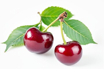 Wall Mural - Fresh cherries with green leaves on white background.