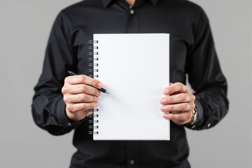 Aufkleber - Closeup of a person holding a blank spiral notebook with a pen in hand against a neutral background.