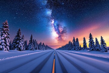 Poster - Winter road lined with snowy trees under a vibrant Milky Way night sky.