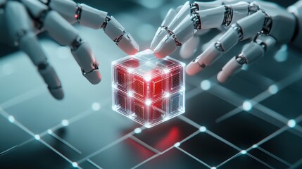 Aufkleber - Futuristic Robotic Hands Reaching for a Holographic Cube, Symbolizing Advanced Technology, Artificial Intelligence, and Innovation in Computer Science