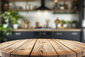 Wall Mural - Wooden tabletop close-up with blurred kitchen background for product presentation or advertising.